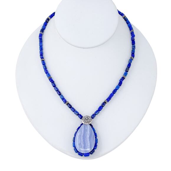 Estate Sterling Silver 925 Blue Lace Agate Lapis Lazuli Bead Necklace 18-21" - Picture 3 of 8